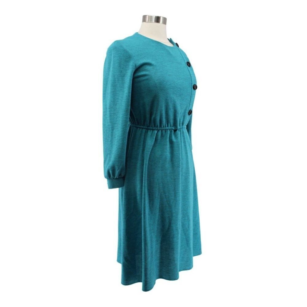 Vintage 70s Cora's Closet Turquoise Wool Elastic Waist Deco Buttons Dress Size S - Picture 2 of 7